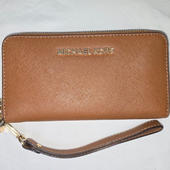 Michael Kors Travel Brown Saffiano Leather Smartphone Wallet Wristlet 32T4GTVE3L - Picture 7 of 7